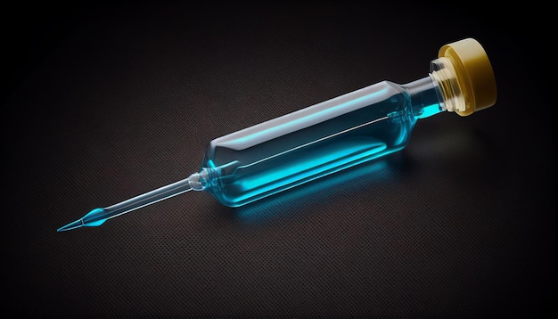 Uma seringa com líquido azul fica sobre um fundo preto
