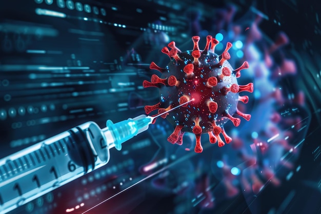 Uma seringa direcionada a um vírus que retrata a intervenção médica da vacinação com precisão de alta tecnologia em meio a um cenário de dados digitais.