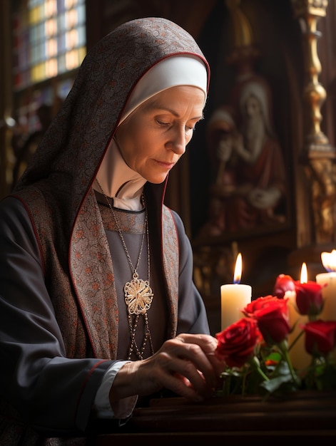 Foto uma serva da igreja e de deus uma freira uma mulher orando a jesus cristo religião redenção