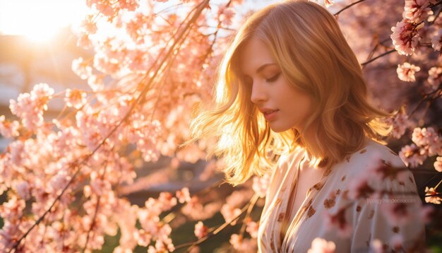 Uma sessão de fotos da hora dourada capturando a luz do sol quente filtrando através das flores de cerejeira