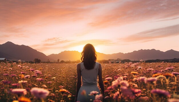 Uma sessão de fotos de nascer do sol num campo de flores