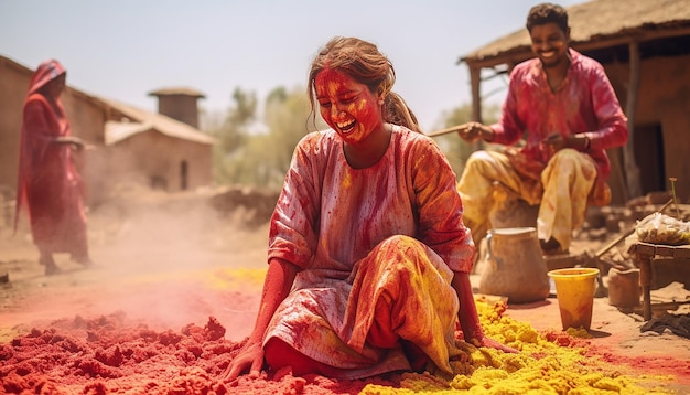 uma sessão de fotos em um cenário rural capturando as maneiras tradicionais de celebrar Holi no país