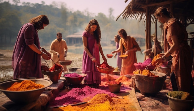 uma sessão de fotos em um cenário rural capturando as maneiras tradicionais de celebrar Holi no país