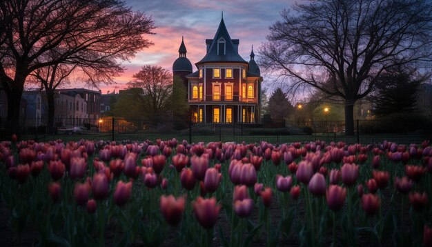 Uma sessão de fotos no crepúsculo de um edifício histórico cercado por flores de primavera