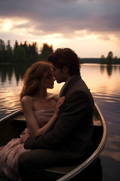 Uma sessão de fotos romântica no crepúsculo de um casal em um barco em um lago alimentado por uma fonte