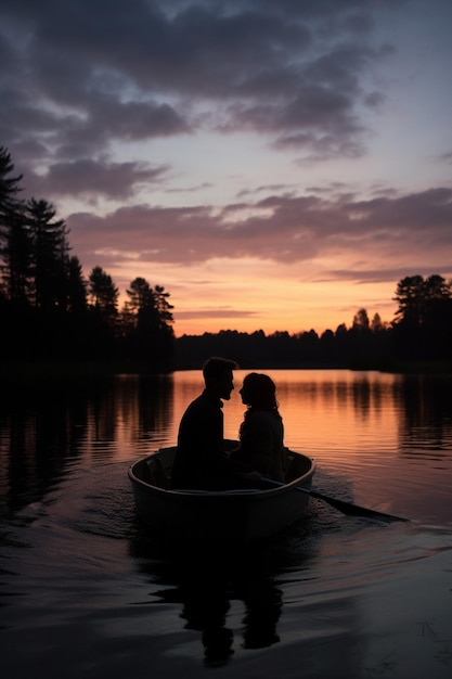 Foto uma sessão de fotos romântica no crepúsculo de um casal em um barco em um lago alimentado por uma fonte