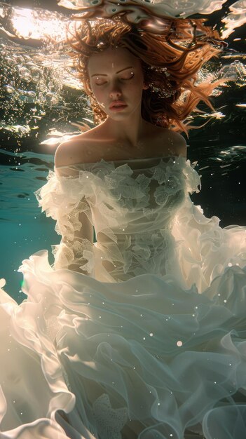 Foto uma sessão de fotos subaquática etérea de uma mulher ruiva vestindo um vestido de noiva branco
