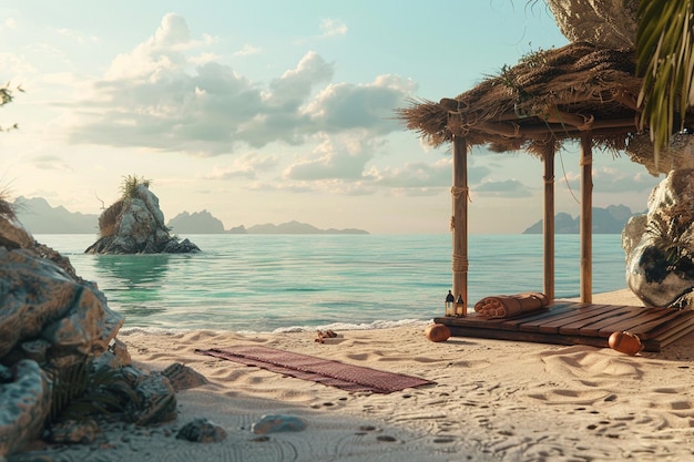 Uma sessão de ioga serena numa praia tranquila.
