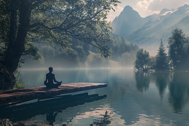 Uma sessão de meditação serena por um octre do lago tranquilo