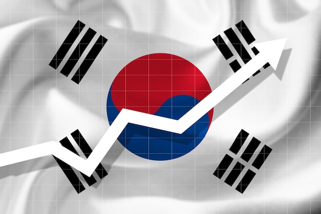 Uma seta branca crescendo no fundo da bandeira da coreia do sul