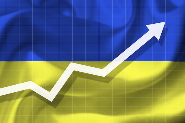 Uma seta branca crescendo no fundo da bandeira da Ucrânia