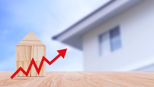 uma seta vermelha para cima e uma casa de madeira o conceito do aumento do preço dos imóveis alta demanda por imóveis crescimento das taxas de aluguel e vendas de hipotecas de apartamentos a população cresce