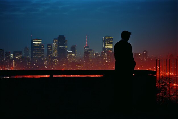Foto uma silhueta cativante de uma pessoa contra o fundo das luzes da cidade criando uma dinâmica e vis