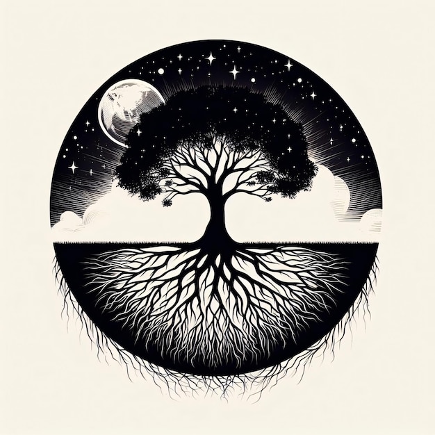 Uma silhueta de árvore com raízes crescendo na forma da Terra