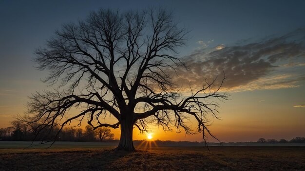 Foto uma silhueta de árvore sem folhas fica erguida contra um céu de pôr-do-sol deslumbrante