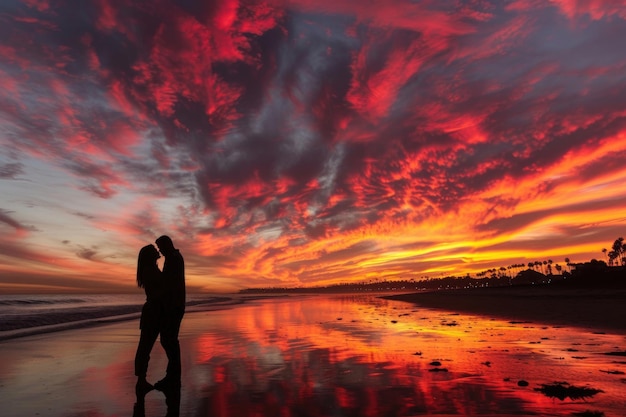 Foto uma silhueta de casais contra o fundo de um pôr-do-sol ardente