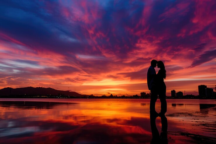 Foto uma silhueta de casais contra o fundo de um pôr-do-sol ardente