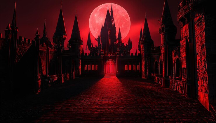 Foto uma silhueta de castelo escuro sob uma lua vermelha criando uma cena atmosférica assustadora