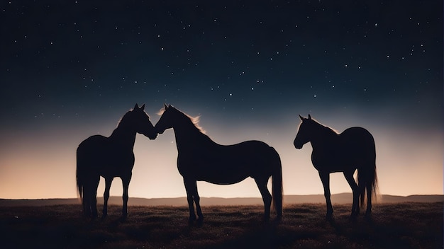 Uma silhueta de cavalos no céu noturno com a lua atrás deles