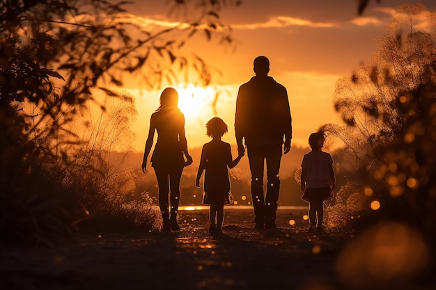 Uma silhueta de família com uma sombra angélica incluída