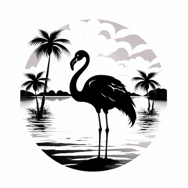 Foto uma silhueta de flamingo de pé na água com palmeiras ao fundo