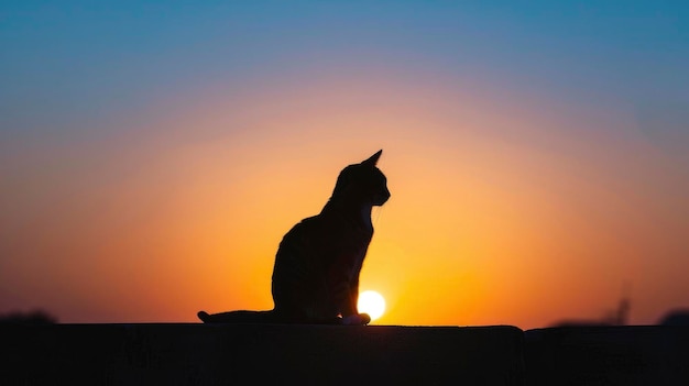uma silhueta de gato gordo senta-se em cima de uma antiga muralha da cidade contra o fundo de um sol poente como o sol se põe atrás dele o céu é colorido laranja e azul