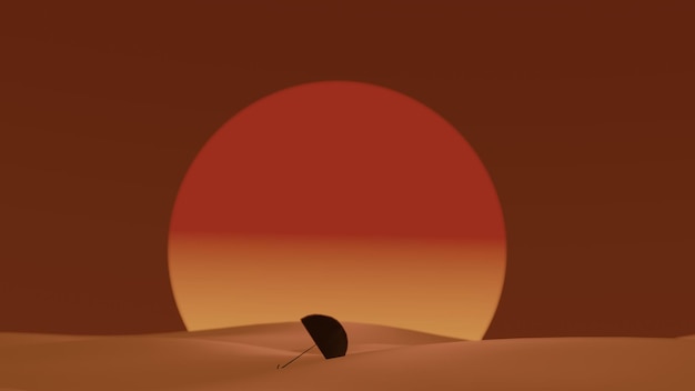 Uma silhueta de guarda-chuva colocada na duna com pôr do sol em background3D Rendering