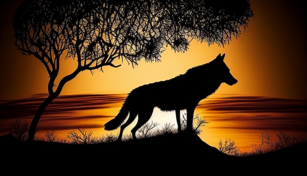 Uma silhueta de lobo em uma colina ao pôr do sol no Savanna Generative AI