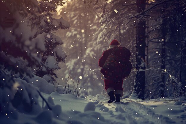 Uma silhueta de Papai Noel caminhando por uma floresta coberta de neve carregando um grande saco de presentes