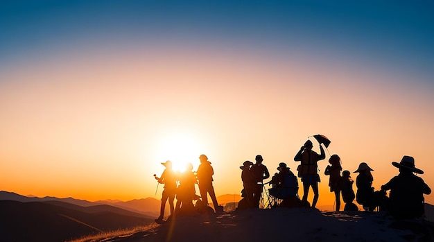 Uma silhueta de pessoas do grupo se diverte no topo da montanha perto da barraca durante o pôr do sol