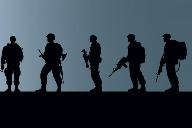 Uma silhueta de soldados com armas nas costas.