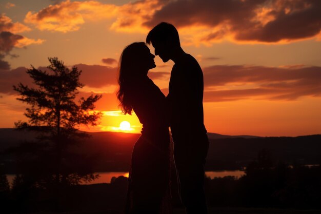 Uma silhueta de um casal abraçando-se contra o fundo de um belo pôr-do-sol