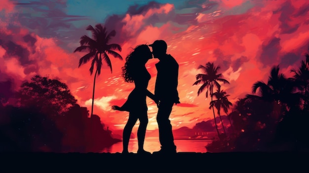 Uma silhueta de um casal se beijando ao pôr do sol