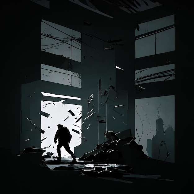 Uma silhueta de um homem andando por um quarto escuro com uma luz na parede