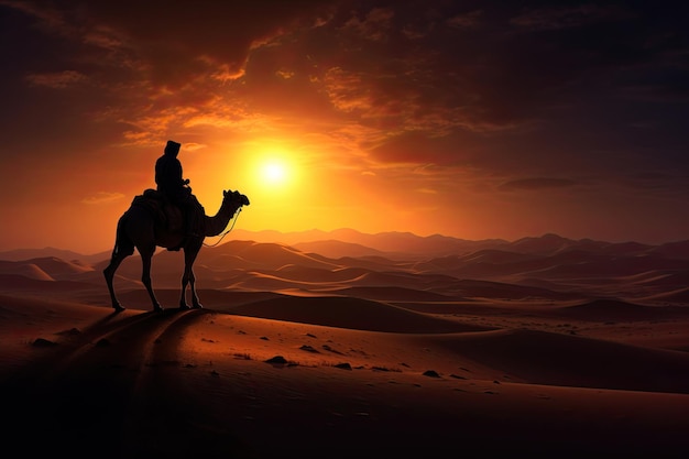 Foto uma silhueta de um homem árabe montando um camelo no deserto com o sol no fundo