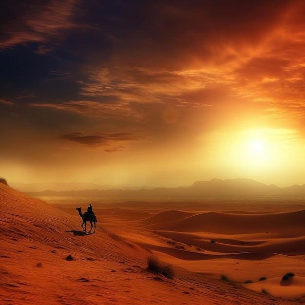 Uma silhueta de um homem árabe ou beduíno no deserto ao pôr do sol com camelos