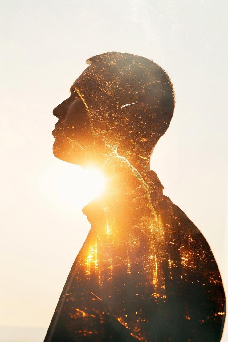 uma silhueta de um homem com o sol atrás dele