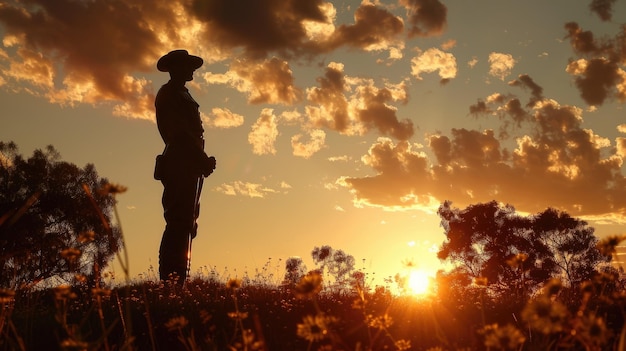 Uma silhueta de um homem de pé em um campo ao pôr do sol adequado para vários conceitos e desenhos