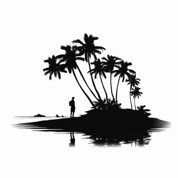 Foto uma silhueta de um homem de pé em uma pequena ilha com palmeiras generativas ai