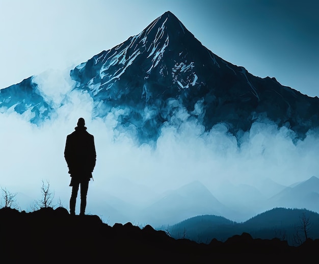 Uma silhueta de um homem observando e observando a beleza da paisagem azul abstrata da montanha