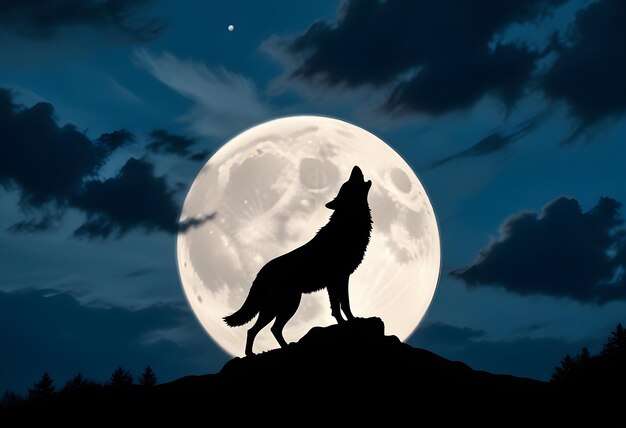 Foto uma silhueta de um lobo uivando em uma grande lua cheia contra um céu noturno estrelado