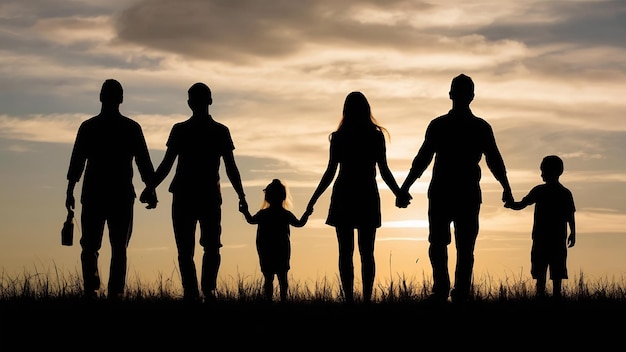 Uma silhueta de uma família harmoniosa da matriz nova feliz ao ar livre.