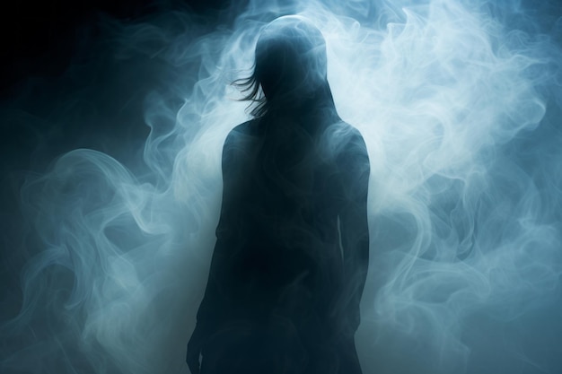 uma silhueta de uma mulher parada em uma nuvem de fumaça