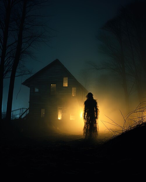 uma silhueta de uma pessoa em uma floresta escura com uma casa ao fundo