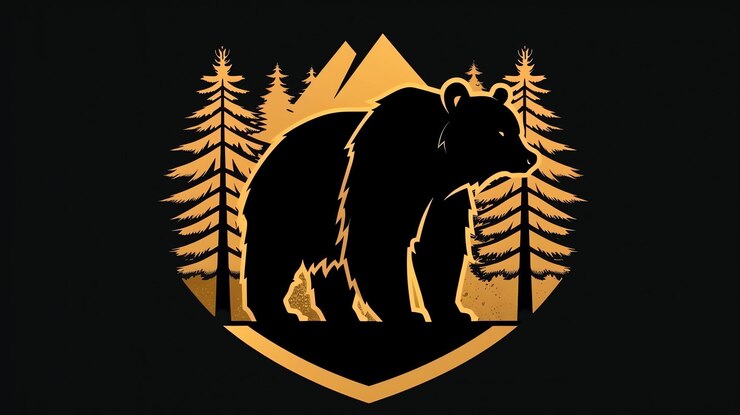 Foto uma silhueta de urso preto de pé em frente a uma montanha e pinheiros o fundo é amarelo