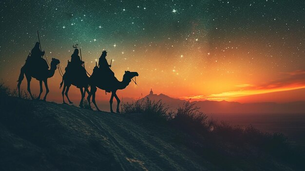 Uma silhueta dos Três Reis Magos viajando em camelos ao longo do caminho estrelado para chegar a Jesus