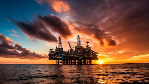 Uma silhueta impressionante de uma plataforma offshore de petróleo e plataforma banhada pelo brilho suave do pôr do sol ou do nascer do sol