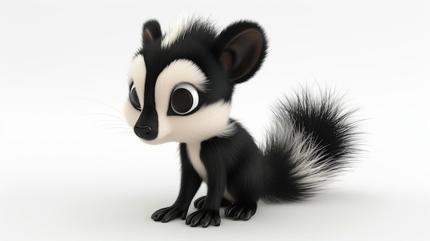 Uma simpática representação 3D de um bebé skunk. Tem olhos grandes, uma cauda fofa e um casaco preto e branco.