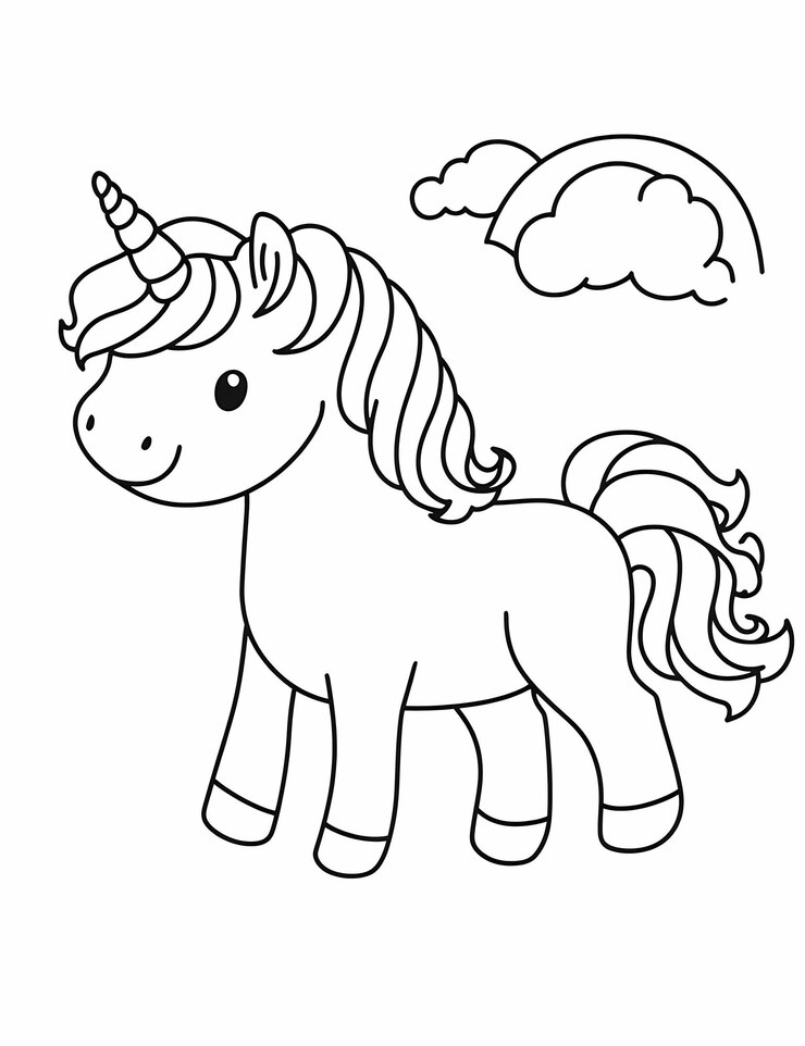 Foto uma simples página de livro de colorir unicórnio bonito para crianças com uma simples arte de linha preta e branca em um estilo de desenho animado
