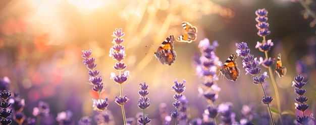 Uma sinfonia de cores borboletas delicadas voando graciosamente em torno de campos de lavanda em flor